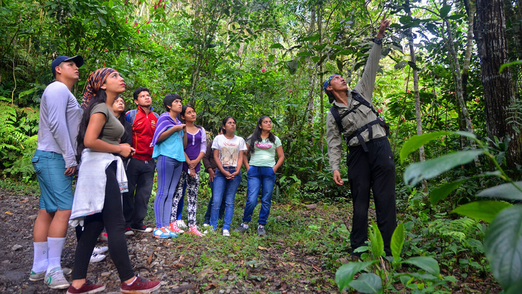 Guardaparque guiando a visitantes en una actividad de educación ambiental en el Santuario Nacional Pampa Hermosa, selva central del Perú