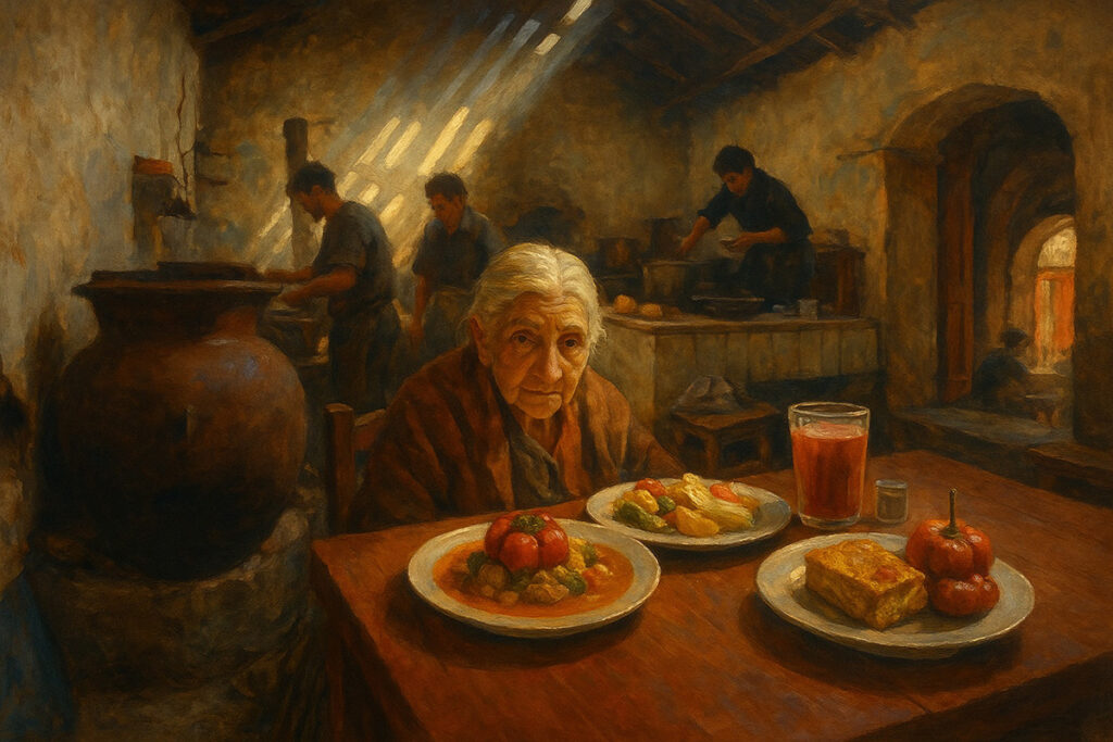 Anciana arequipeña sentada en una picantería tradicional con platos típicos como rocoto relleno y pastel de papa, acompañada de chicha de guiñapo, en un ambiente rústico con cocineros al fondo
