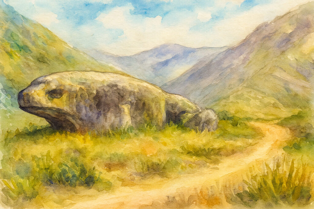 Acuarela del sapo de piedra de Pasco en un paisaje andino, inspirada en la leyenda popular de la Piedra Yamaruma