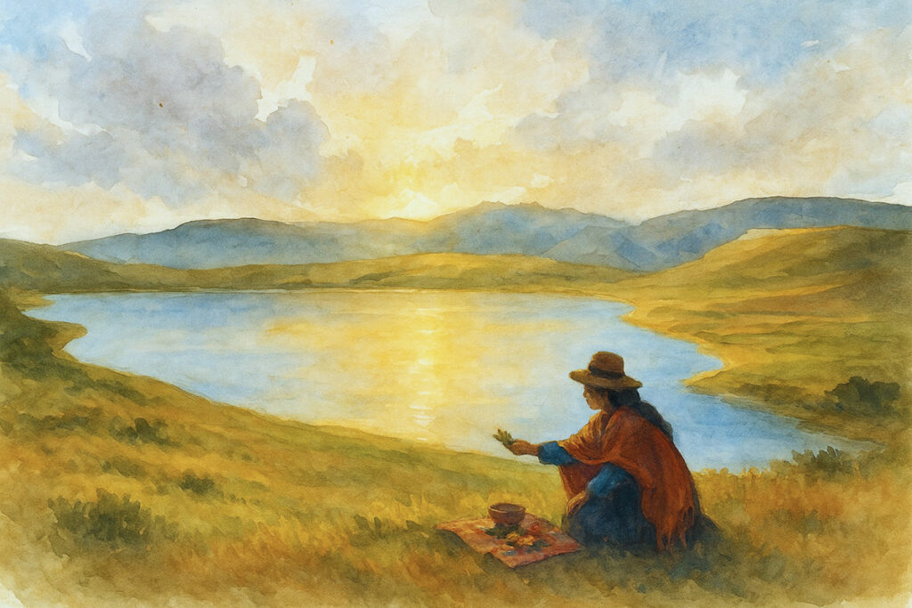 Mujer andina ofreciendo hojas de coca junto a la laguna de Qoricocha al amanecer, en una escena espiritual representada en acuarela