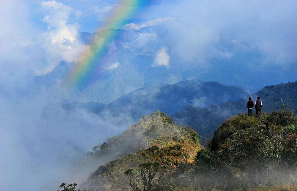 Mirador natural en el Santuario Nacional Pampa Hermosa con vista al río Ulcumayo y arcoíris sobre la selva central del Perú