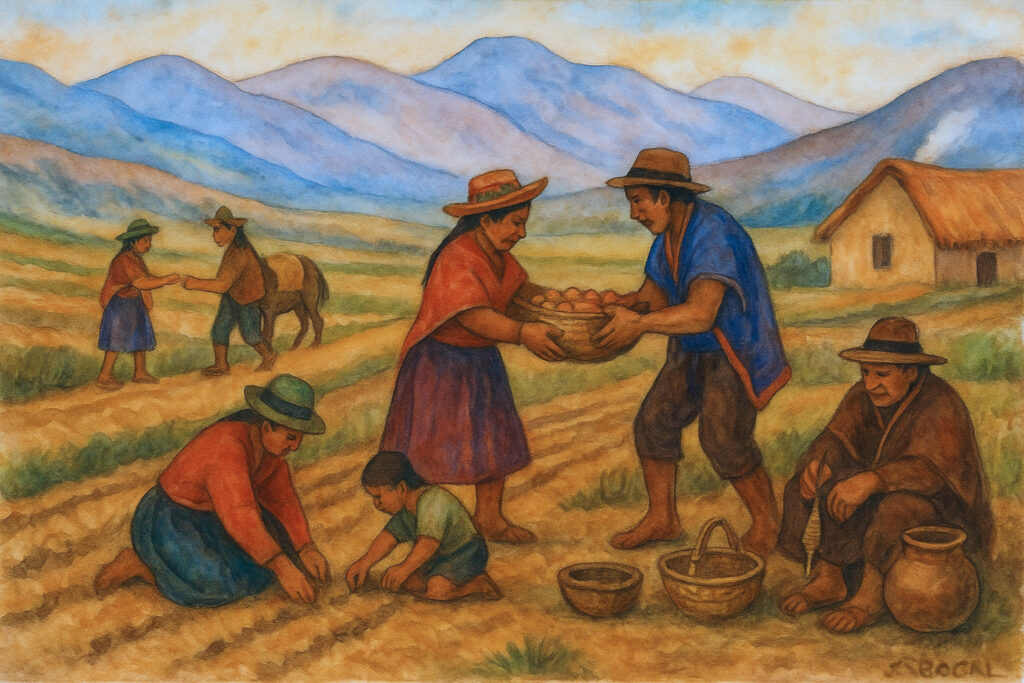 Miembros de un ayllu compartiendo alimentos y trabajando la tierra en una jornada comunal andina