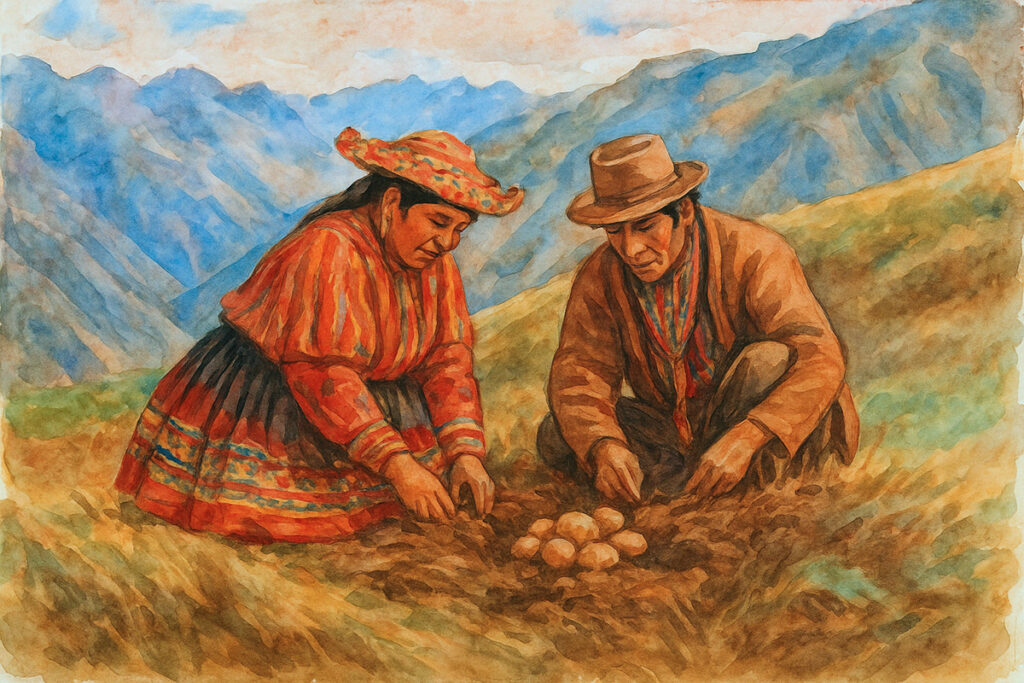 Campesinos andinos practicando el ayni durante una jornada de siembra comunitaria en los Andes
