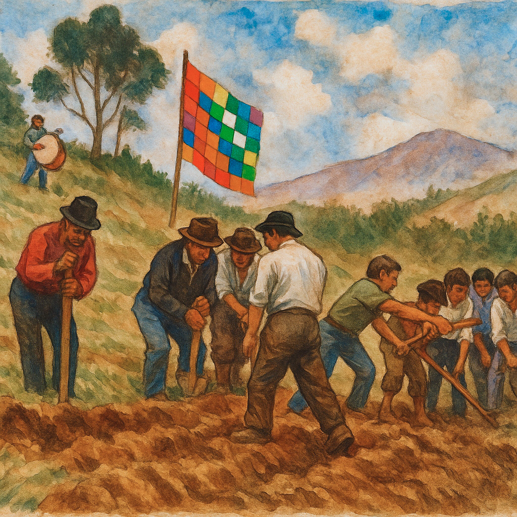 Campesinos andinos realizando una minka para construir canales y caminos comunales bajo la wiphala.