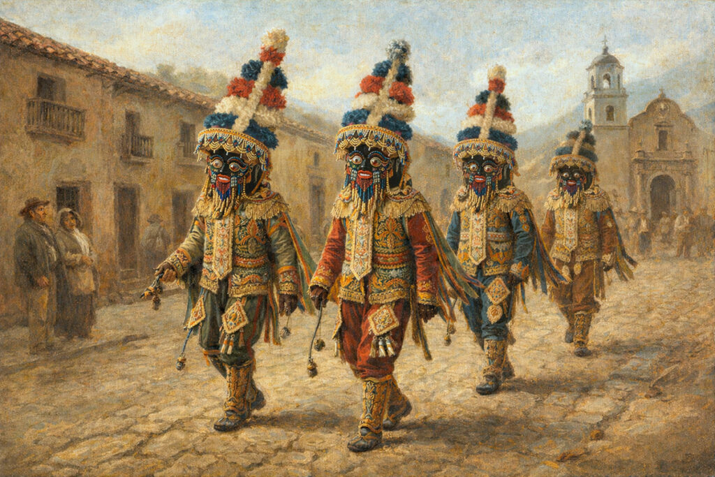 Representación pictórica de danzantes de los Negritos de Huánuco avanzando por una calle colonial, con vestimenta ritual y máscaras tradicionales en un contexto histórico