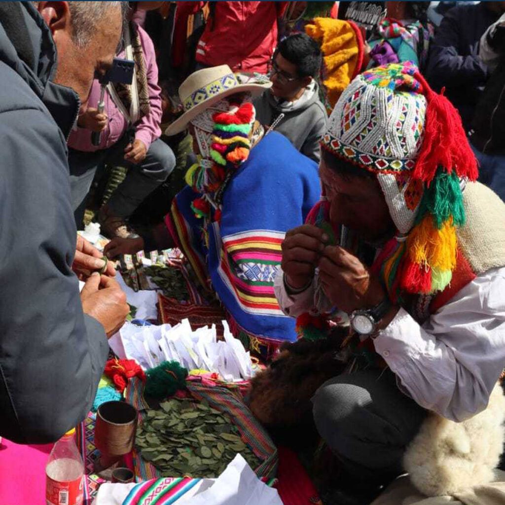 Paqo o chaman andino, realizando un ritual de sanación. Chamán agarrando hoja de coca.